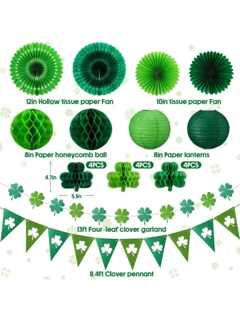 22 Pcs St. Patrick's Day Decor - Shamrock Garland, Tissue Fans & Lanterns for